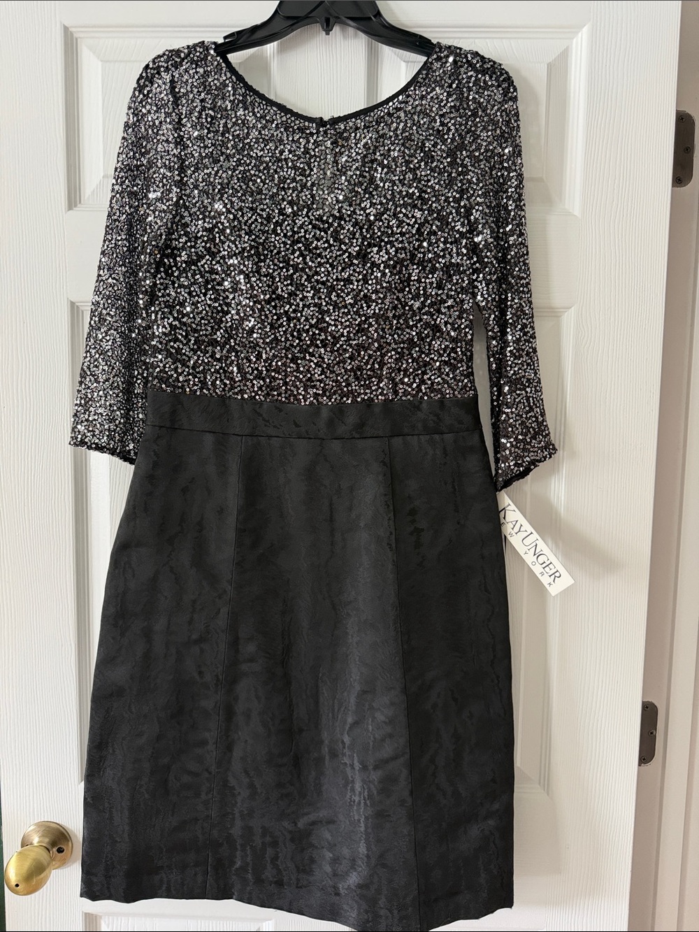 NWT Kay Unger Black Silver Sequin Top Jacquard Skirt Cocktail Dress